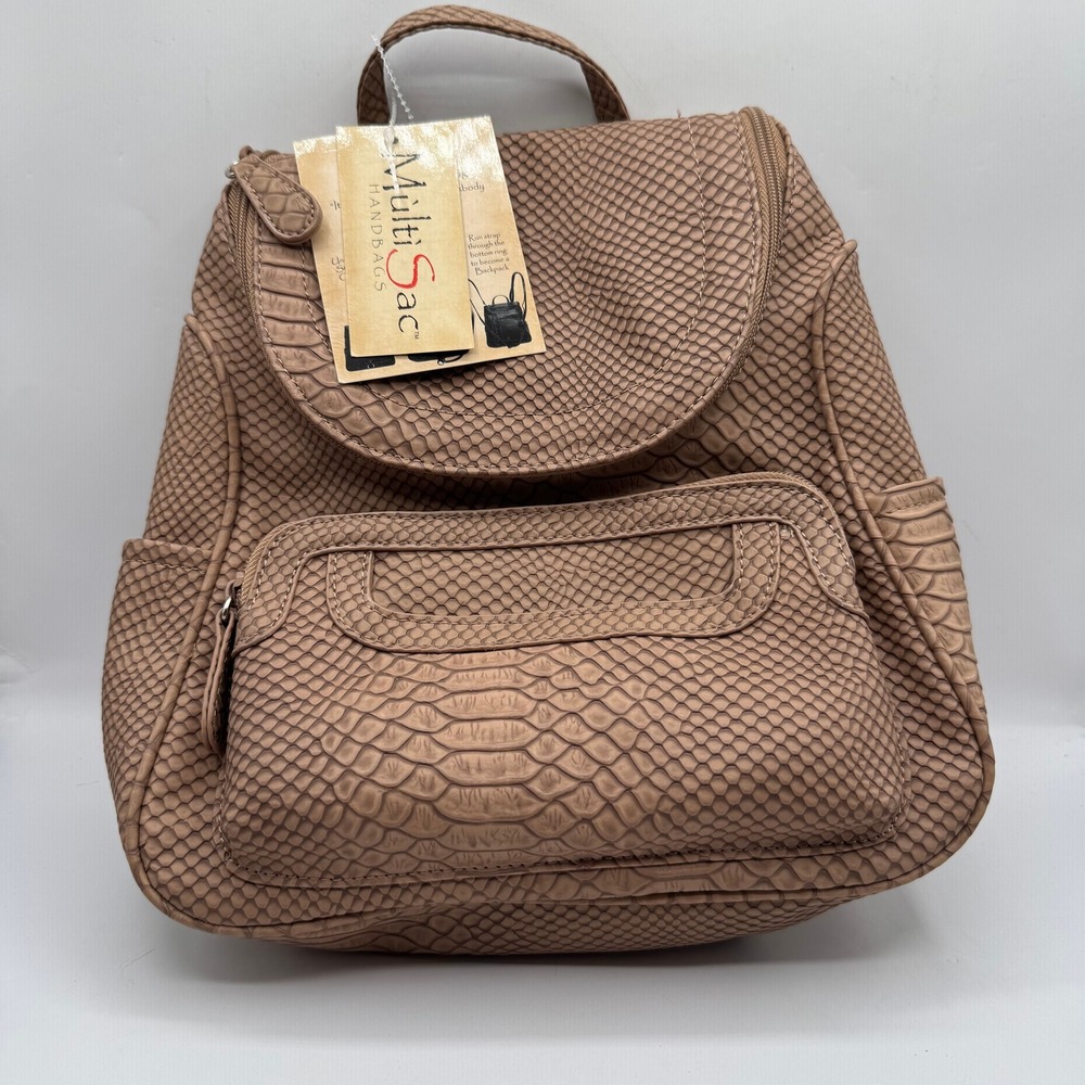 MultiSac Convertible Backpack Women Tan Snakeskin Embossed 3-in-1 Handbag Bag